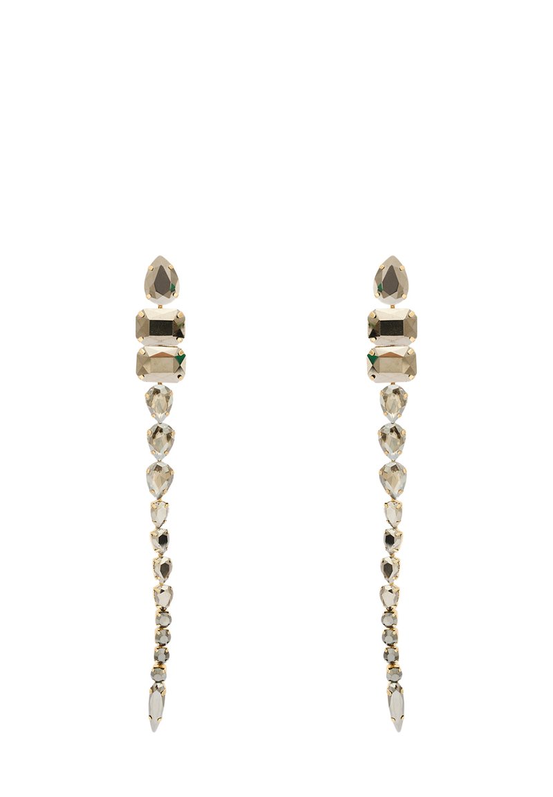 Náušnice ve zlatavém tónu se sestavou průhledných a šedých broušených kamenů v různých tvarech, včetně kapky a obdélníku, s pohyblivým designem.