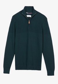 Donkergroene gebreide trui met een hoge kraag, een ritssluiting halverwege met een leren trekker, en geribbelde manchetten en zoom.
