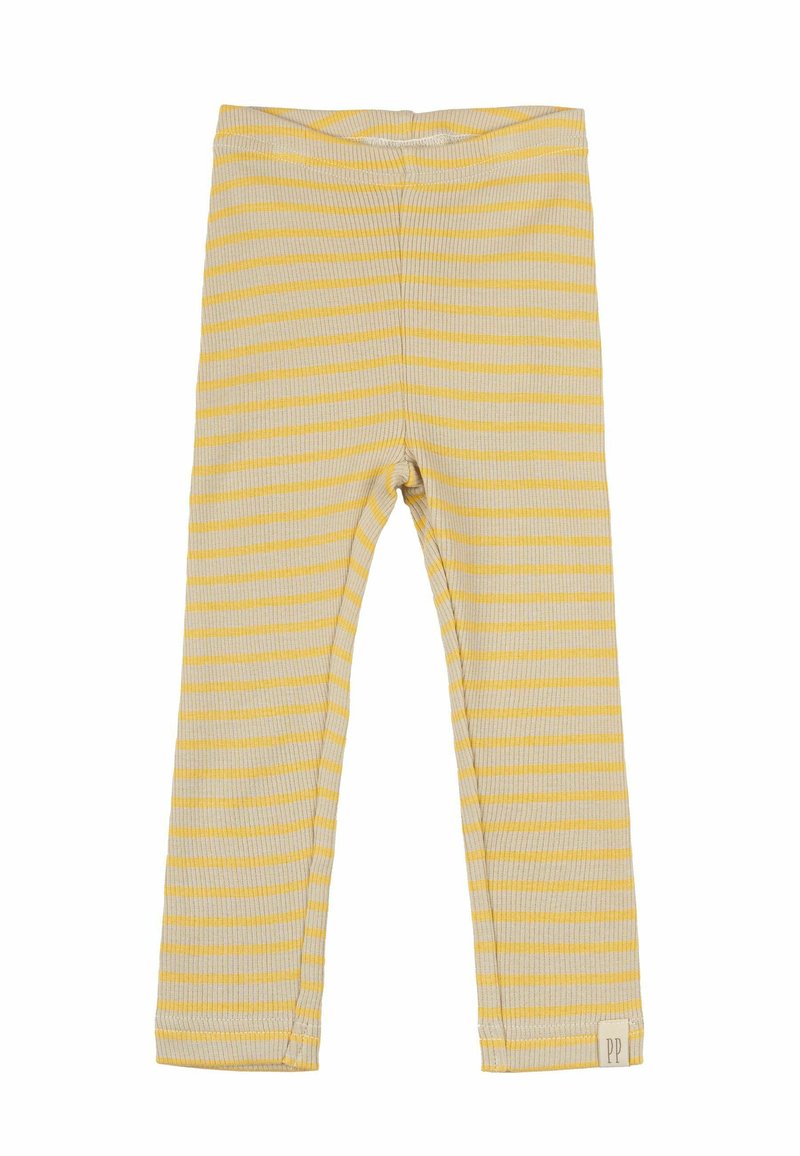 Sárga és fehér csíkozott leggings, bordázott textúra, rugalmas derék, és egy kis logó címke az alján.