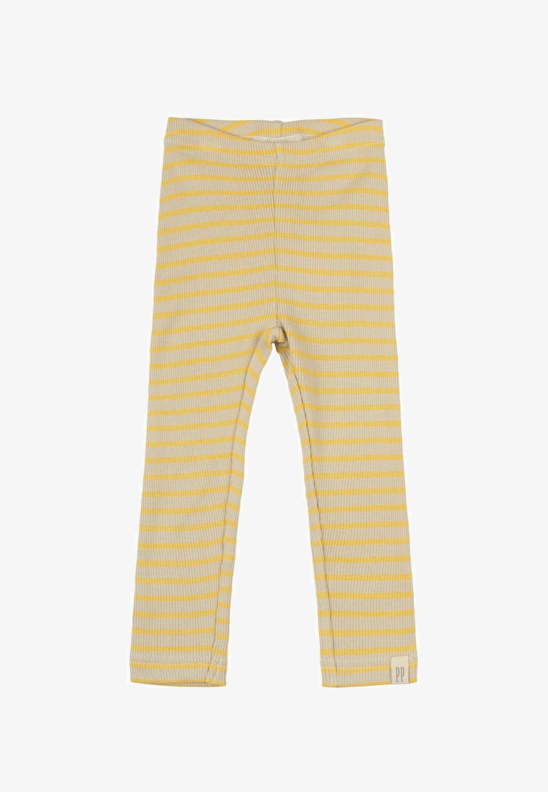 Rumene in bele črtaste legice, rebrasta tekstura, elastičen pas in majhna oznaka na spodnjem robu.