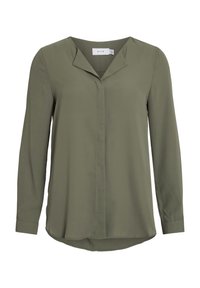 Blouse à manches longues vert olive avec un col en V, des plis subtils et un ourlet arrondi. Confectionnée dans un tissu lisse avec une coupe décontractée.