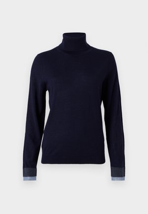 Jersey de cuello alto en navy, hecho de una tela suave, con mangas largas y detalles similares a mezclilla en los puños, con un diseño ajustado.