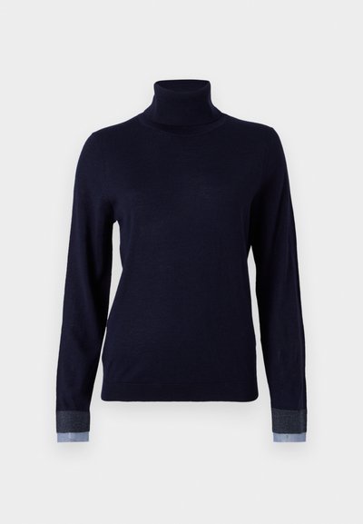 Navy turtleneck-pullovari pehmeast kangast, millel on pikad varrukad ja denimi meenutavad aktsendid varrukatel, along slim lõikega.