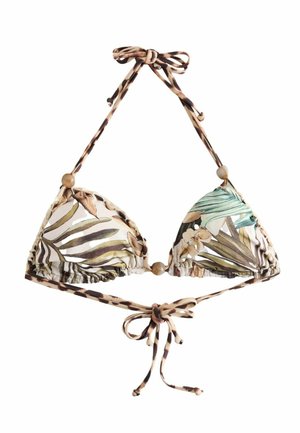 Trojuhoľníkový horný diel plaviek s tropickou potlačou listov, s drevenými korálkami a šnúrkami s leopardím vzorom na krku a chrbte na bielom pozadí.