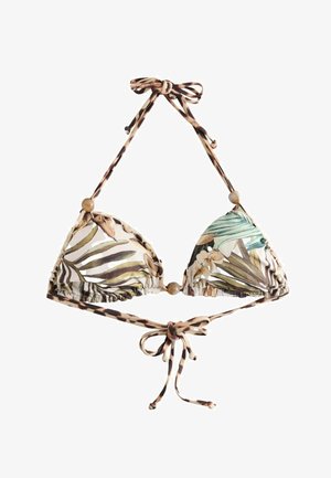 Trokutasti bikini top s printom tropskog lišća, drvenim perlicama i trakama za vezanje s leopardskim uzorkom na vratu i leđima na bijeloj pozadini.