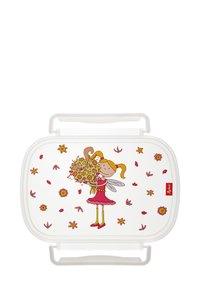 Weißes Lunchbox mit einem Cartoon-Mädchen in einem pinken Kleid, das einen Blumenstrauß hält, während eine Katze darin sitzt, umgeben von verstreuten Blumen.