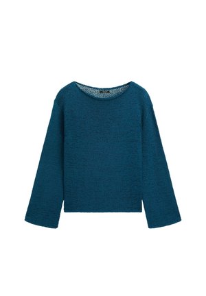 Ciemnozielony sweter dziany z długimi szerokimi rękawami i okrągłym dekoltem, pokazany na płasko na białym tle.