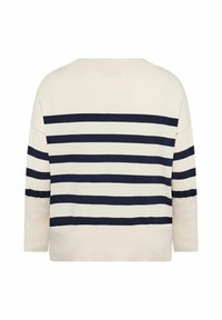 Maglione beige chiaro con righe orizzontali blu navy, maniche a tre quarti e vestibilità rilassata. Realizzato in un morbido tessuto a maglia, con scollatura a girocollo semplice.