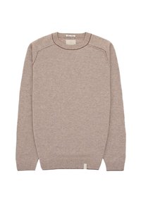 Beiger Strickpullover mit Rundhalsausschnitt, Raglanärmeln, gerippten Bündchen und Saum. Mit kontrastierenden Nähten entlang des Halsausschnitts und der Schultern.