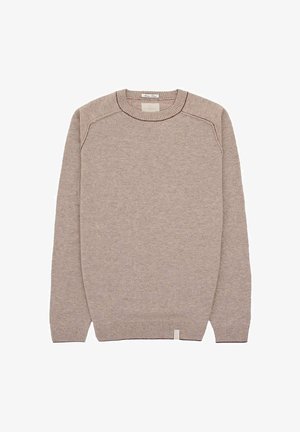 Beiger Strickpullover mit Rundhalsausschnitt, Raglanärmeln, gerippten Bündchen und Saum. Mit kontrastierenden Nähten entlang des Halsausschnitts und der Schultern.