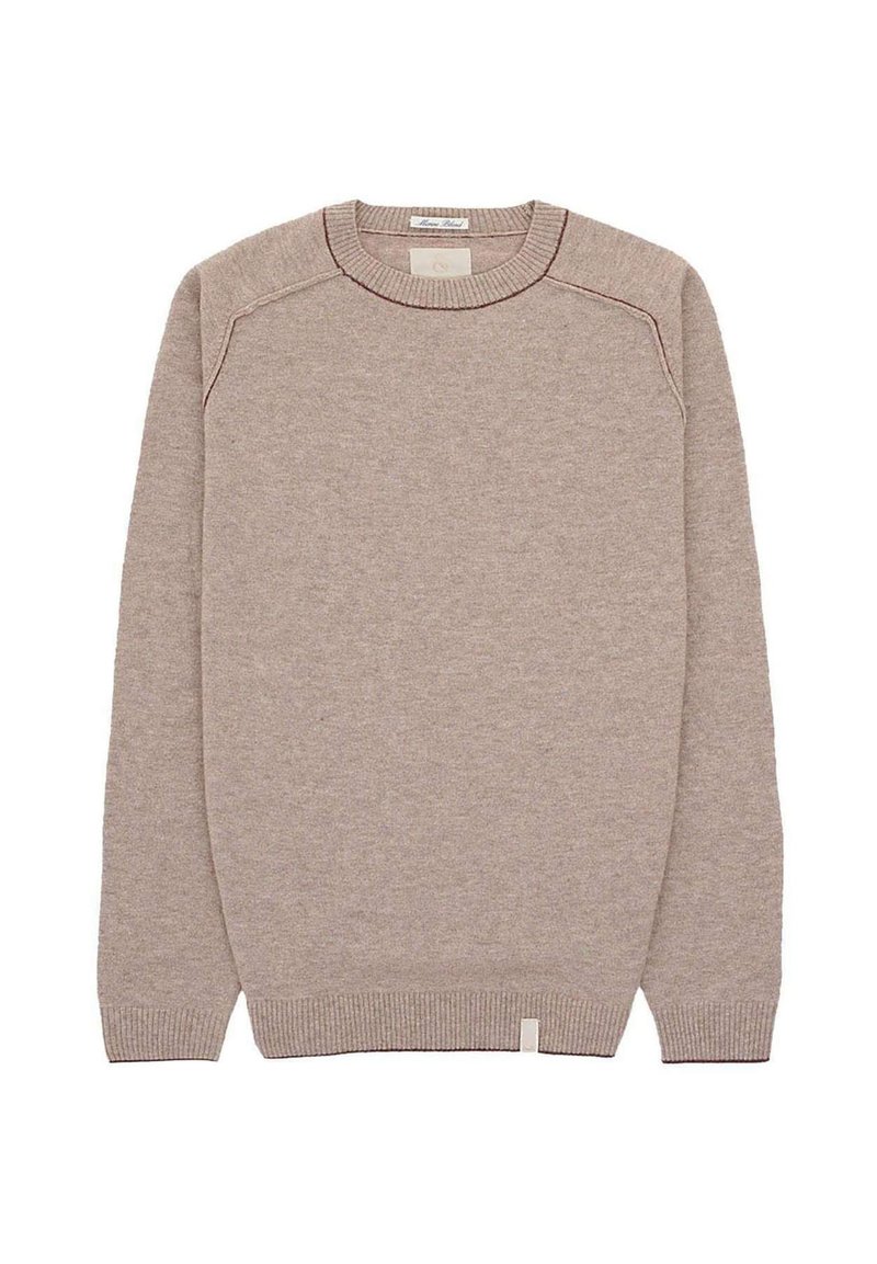 Beiger Strickpullover mit Rundhalsausschnitt, Raglanärmeln, gerippten Bündchen und Saum. Mit kontrastierenden Nähten entlang des Halsausschnitts und der Schultern.