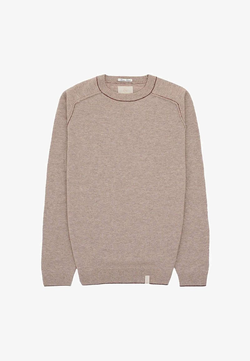 Beiger Strickpullover mit Rundhalsausschnitt, Raglanärmeln, gerippten Bündchen und Saum. Mit kontrastierenden Nähten entlang des Halsausschnitts und der Schultern.