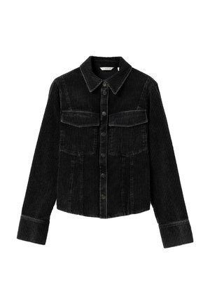 Veste noire en velours côtelé boutonnée, manches longues, col pointu et deux poches poitrine à rabat.