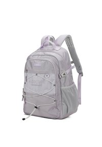 Zaino viola chiaro realizzato in tessuto resistente, dotato di un compartimento principale, tasche laterali in rete e spallacci regolabili con imbottitura.
