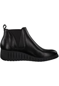 Schwarze Leder-Ankle-Boots mit elastischen Seitenpanelen, runder Zehenform und einer klobigen Gummiwedge-Sohle mit einem gerippten Muster.