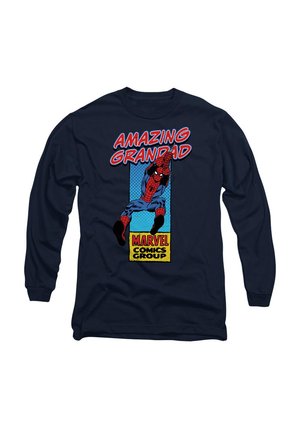 Navy long-sleeve shirt featuring a graphic of Spider-Man with the text "AMAZING GRANDAD" in bold red and blue, set against a blue polka dot background.