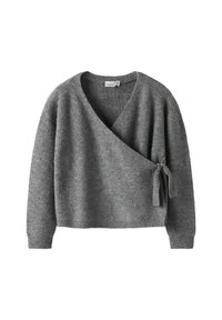 Sivi pleteni kardigan s dugim rukavima i bočnim vezanjem, s V-izrezom i teksturiranim materijalom.