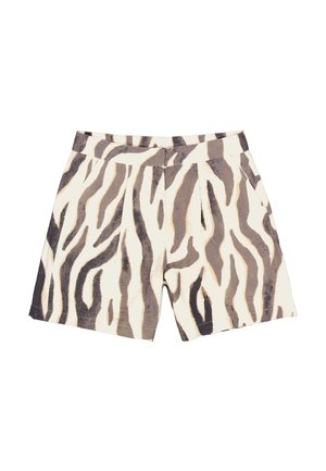 Shorts beiges avec un motif zébré marron et gris. Dotés d'une large ceinture et de poches latérales. Confectionnés dans un tissu léger.