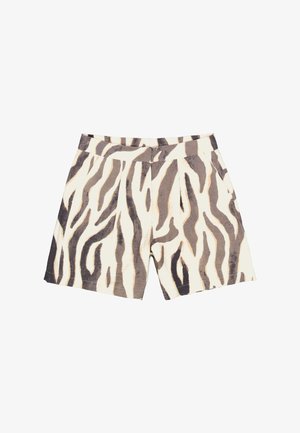 Shorts beiges avec un motif zébré marron et gris. Dotés d'une large ceinture et de poches latérales. Confectionnés dans un tissu léger.