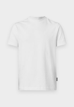 White short-sleeve T-shirt made of cotton. Features a round neck and a straight cut, with a small label on the lower left side.