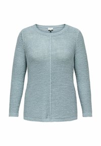 Vaaleansininen neulepaita, jossa on pitkät hihat, pyöreä pääntie ja kohokuvioitu pinta. Tässä on keskisauma ja ribbireunat.