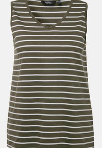 Olivgrünes ärmelloses Top mit weißen horizontalen Streifen, V-Ausschnitt und weichem Baumwollstoff. Einfaches Design, lockere Passform.