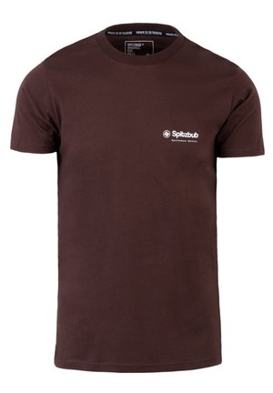 Bruine katoenen t-shirt met een ronde hals, korte mouwen en een witte logo-print op de linkerkant van de borst. Zachte textuur, normale pasvorm.