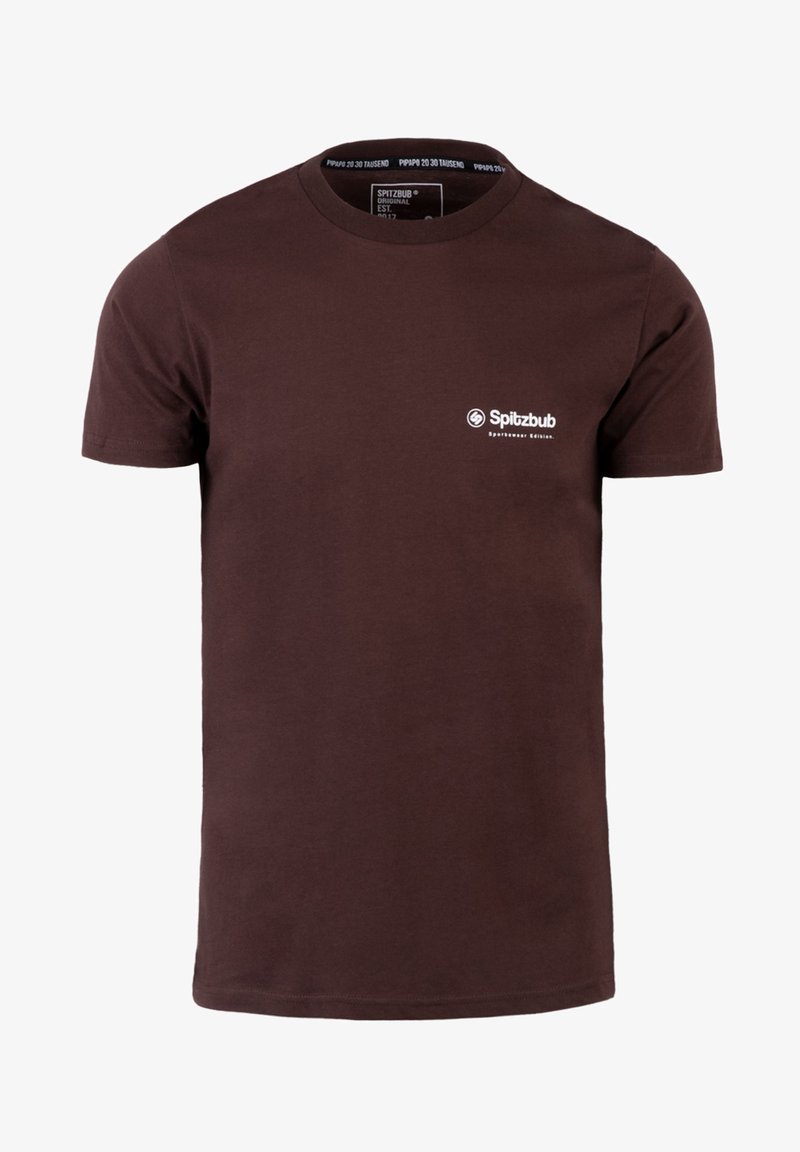 Bruine katoenen t-shirt met een ronde hals, korte mouwen en een witte logo-print op de linkerkant van de borst. Zachte textuur, normale pasvorm.