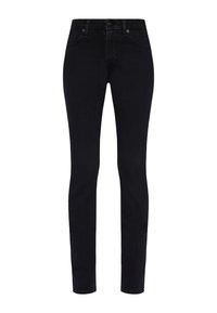 Schwarze Denim-Jeans mit schlankem Schnitt, Fünf-Taschen-Design und klassischem Knopfverschluss. Glatte Textur mit minimalen Nähdetails.
