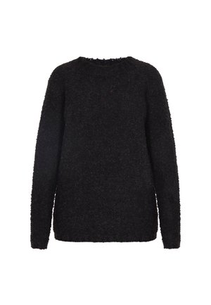 Črn, puhaste pulover iz teksturiranega materiala. Ima okroglo ovratnico in dolge rokave ter ohlapen kroj.