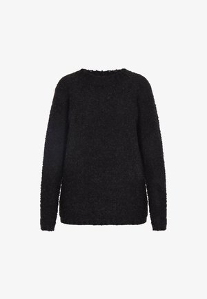 Črn, puhaste pulover iz teksturiranega materiala. Ima okroglo ovratnico in dolge rokave ter ohlapen kroj.