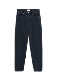 Jean en denim bleu foncé avec une coupe droite, comprenant cinq poches, une fermeture par bouton et des détails de couture subtils.