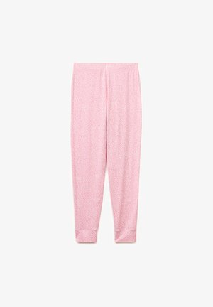 Leggings rosa chiaro con piccolo motivo floreale, vita elasticizzata e polsini alle caviglie, mostrati distesi su uno sfondo bianco.