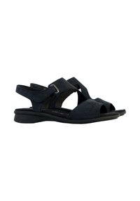 Mørkeblå sandaler med en blød ruskindsoverflade, åbent tådesign, krydsede stropper og en lav sort sål med en let hæl.