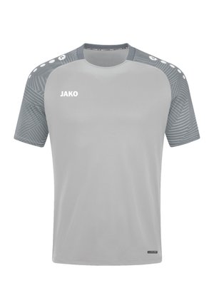 T-shirt de sport gris à manches courtes et col rond, avec des accents gris foncé à motifs sur les épaules et le logo "JAKO" sur la poitrine.