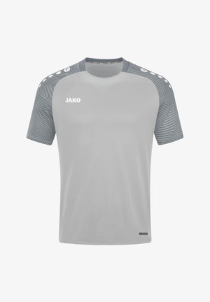 Maglietta atletica grigia a maniche corte con colletto rotondo, caratterizzata da dettagli in grigio scuro a motivo sulle spalle e logo "JAKO" sul petto.