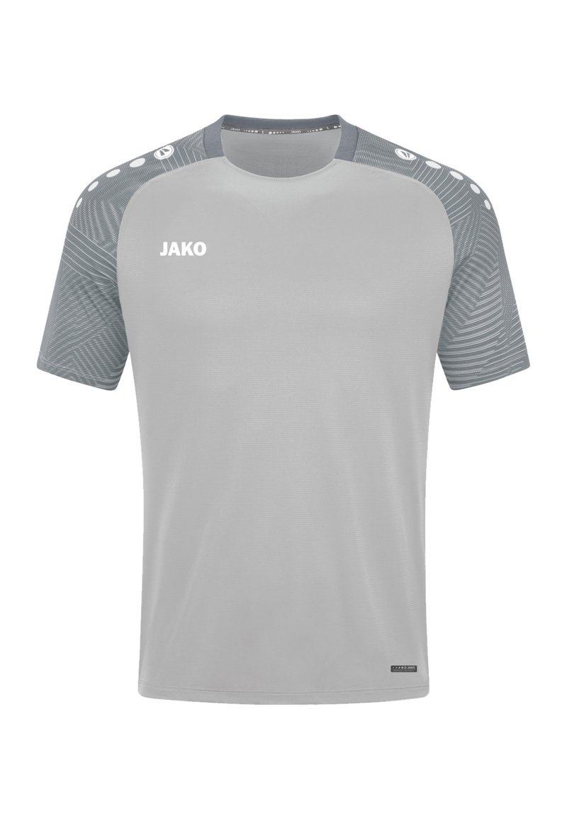 Maglietta atletica grigia a maniche corte con colletto rotondo, caratterizzata da dettagli in grigio scuro a motivo sulle spalle e logo "JAKO" sul petto.