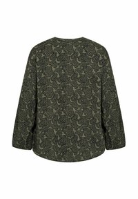Dlouhý rukáv košile v olivově zelené barvě s černým paisley vzorem, která má volný střih a zaoblený lem. Měkká, strukturovaná tkanina.