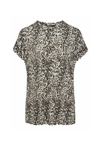 Top de estampado de leopardo con cuello redondo, mangas cortas y dobladillo festoneado. Fabricado en tejido ligero, con una textura suave.