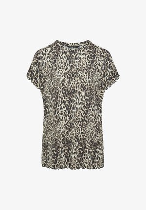 Paita kuviolla leopardi, jossa on pyöreä kaula-aukko, lyhyet hihat ja aaltoileva helma. Valmistettu kevyestä kankaasta, joka tarjoaa sileän tekstuurin.