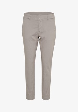 Pantalons en coton gris clair avec une coupe slim, dotés d'une fermeture éclair et d'un bouton à l'avant, de passants de ceinture et de poignets retournés. Texture lisse.