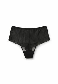 Black lace underwear with a sheer front and solid black back. Features a scalloped edge and elastic waistband for comfort. Lightweight design.