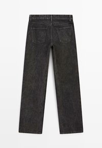Černé džíny z denimu s vybledlým vzhledem, rovný střih, pět kapsových designem a viditelným švem podél švů.