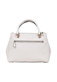 Borsa a tracolla in pelle bianca con manici doppi, tasca frontale con zip, texture liscia e dettagli di cucitura sottili. Accenti in metallo dorato.