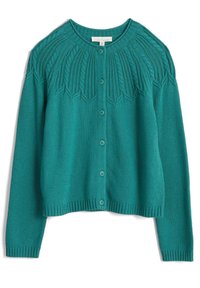 Turkusowy dzianinowy kardigan z okrągłym dekoltem, z teksturowanym wzorem na ramionach, z przodu zapinany na guziki oraz z żebrowanym obszyciem na dole i mankietach.