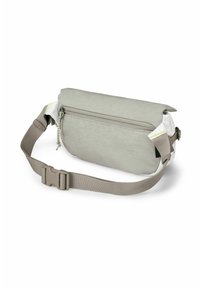 Borsa a tracolla grigio chiaro con superficie texturizzata, chiusura con cerniera, tracolla regolabile e dettagli bianchi e verdi a contrasto.