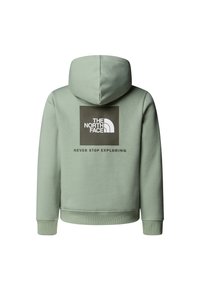 Grønn genser med hette, med en firkantet logo i svart og hvitt på baksiden. Ribbestrikkede mansjetter og kant, glatt bomullsstoff.