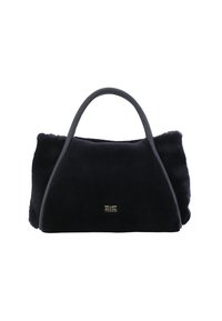 Navy blue fur handbag with a structured shape, featuring smooth leather handles and a metallic logo accent on the front.