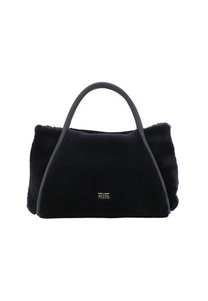 Navy blue fur handbag with a structured shape, featuring smooth leather handles and a metallic logo accent on the front.