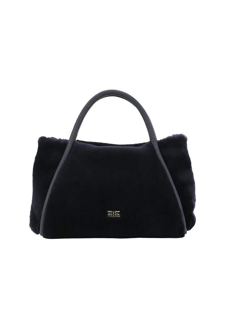 Navy blue fur handbag with a structured shape, featuring smooth leather handles and a metallic logo accent on the front.